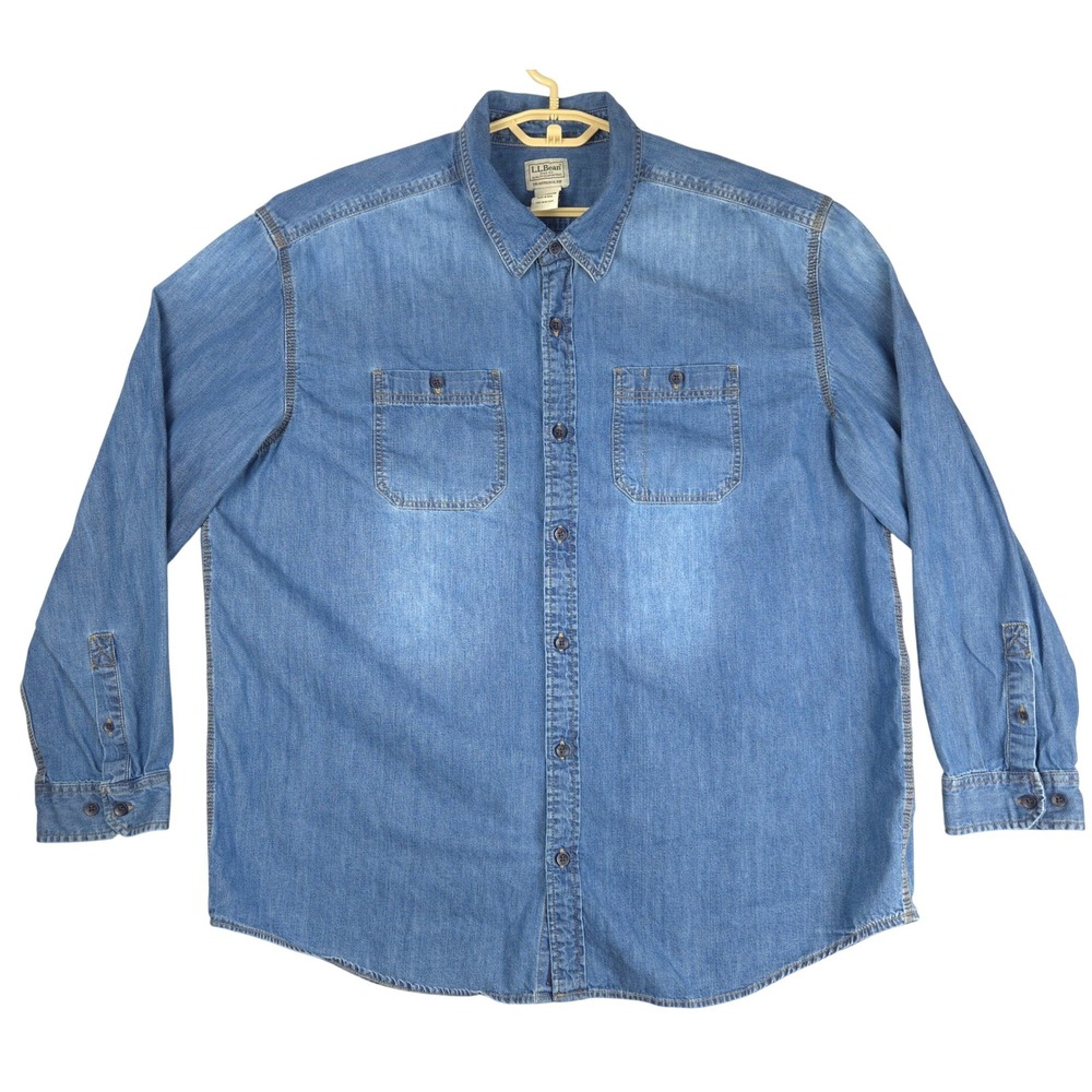 LL Bean Mens XXL Traditional Fit Denim Button Down Shirt Blue Medium Wash 505638